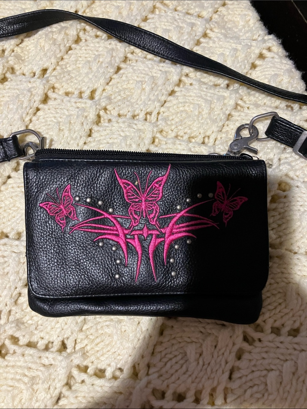 Black Milwaukee leather Crossbody Bag with Pink Butterfly Embroidery
